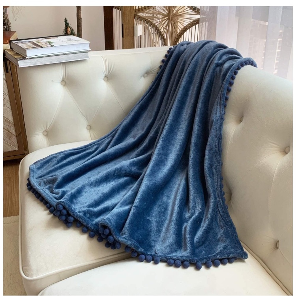 Navy Blue Pompom Fringe Chic Cozy Soft Throw Blanket/Cover - Picture 3 of 16